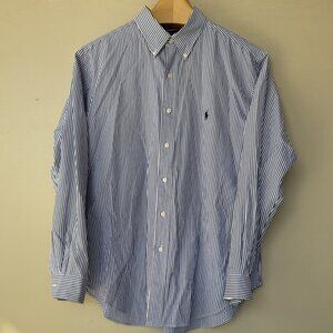 Ralph Lauren Mens Button Down Navy Stripe Shirt with Navy Horse